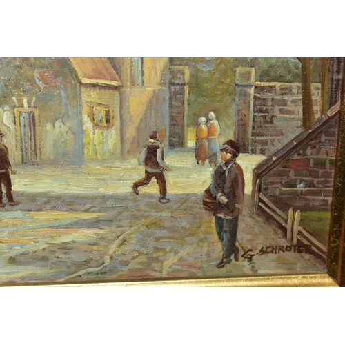 757 - G SCHROTER (20TH CENTURY),  a historic continental street scene with figures, signed bottom right oi... 