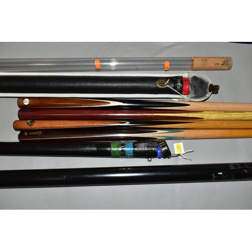 758 - A QUANTITY OF ASSORTED WOODEN CUES, all one piece cues with no makers marks, some with extension pie... 