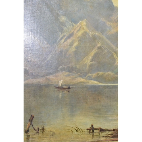 761 - WILLIAM KAY BLACKLOCK (1872-1924), an Alpine lake landscape, boats and figures on the shoreline, mou... 