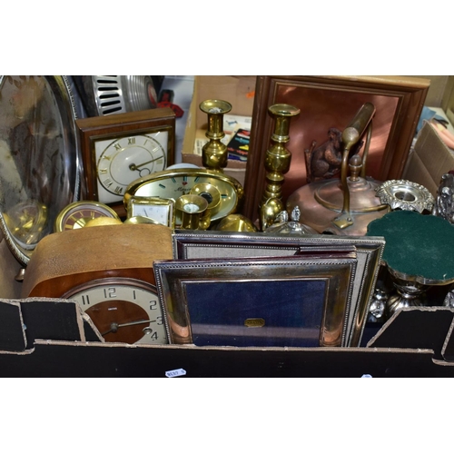 762 - A BOX OF METALWARE, including a Carrs modern hallmarked silver photograph frame, (inner measurements... 