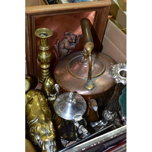 762 - A BOX OF METALWARE, including a Carrs modern hallmarked silver photograph frame, (inner measurements... 