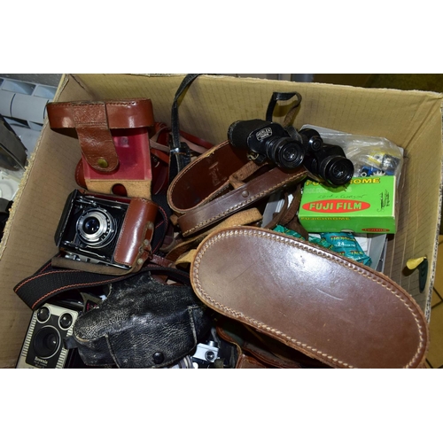 769 - CAMERAS, ACCESSORIES AND BINOCULARS, one box containing a miscellaneous collection of items includin... 