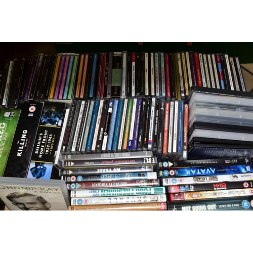 770 - THREE BOXES OF BOOKS, RECORDS, DVDS ETC, to include film related books, cds, dvds etc