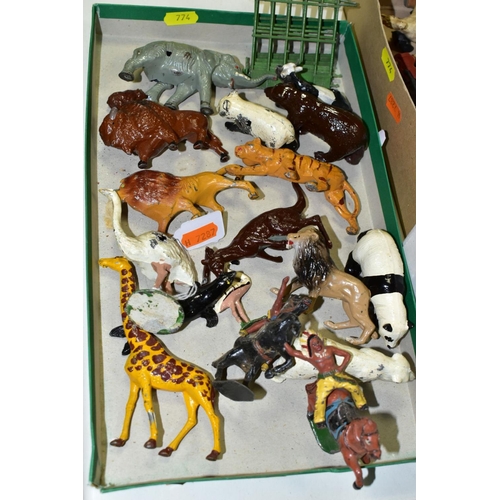 774 - A QUANTITY OF ASSORTED HOLLOWCAST AND PLASTIC ANIMALS, FIGURES AND ACCESSORIES, Britains, John Hill ... 