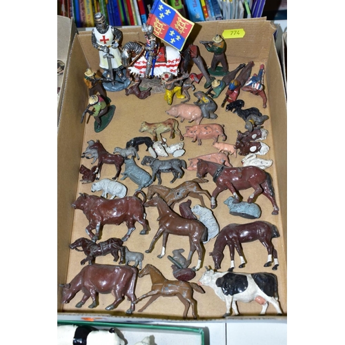 774 - A QUANTITY OF ASSORTED HOLLOWCAST AND PLASTIC ANIMALS, FIGURES AND ACCESSORIES, Britains, John Hill ... 