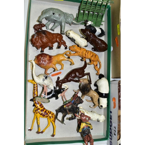 774 - A QUANTITY OF ASSORTED HOLLOWCAST AND PLASTIC ANIMALS, FIGURES AND ACCESSORIES, Britains, John Hill ... 