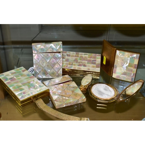 777 - TWO 19TH CENTURY MOTHER OF PEARL CARD CASES AND SIX MOTHER OF PEARL COSMETIC ITEMS, comprising Strat... 