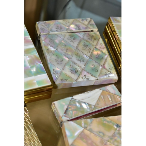 777 - TWO 19TH CENTURY MOTHER OF PEARL CARD CASES AND SIX MOTHER OF PEARL COSMETIC ITEMS, comprising Strat... 