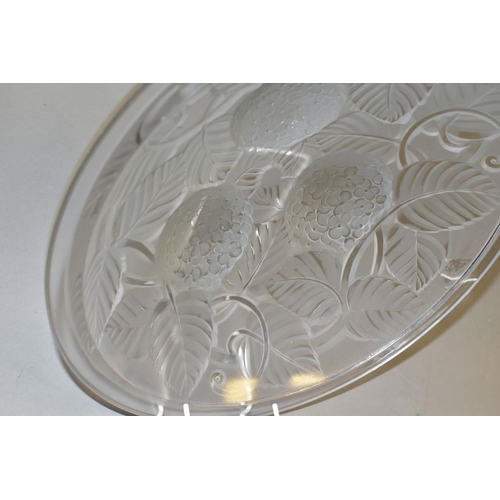 784 - THREE PIECES OF GLASSWARE, comprising an Arrers circular frosted glass bowl moulded with leaves and ... 