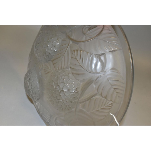 784 - THREE PIECES OF GLASSWARE, comprising an Arrers circular frosted glass bowl moulded with leaves and ... 