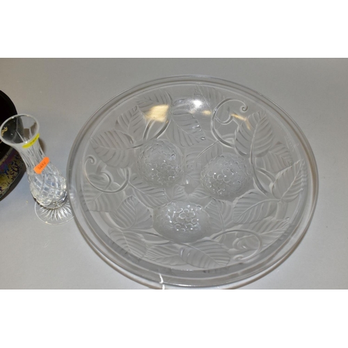 784 - THREE PIECES OF GLASSWARE, comprising an Arrers circular frosted glass bowl moulded with leaves and ... 