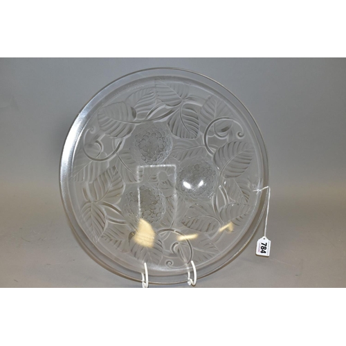 784 - THREE PIECES OF GLASSWARE, comprising an Arrers circular frosted glass bowl moulded with leaves and ... 