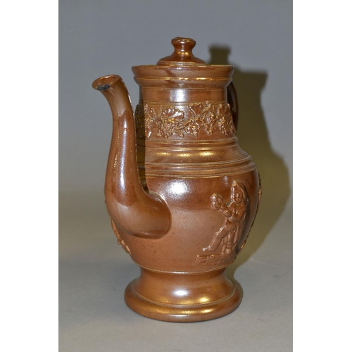 785 - A VICTORIAN SALT GLAZED STONEWARE COFFEE POT AND COVER, having applied decoration of vine and grapes... 