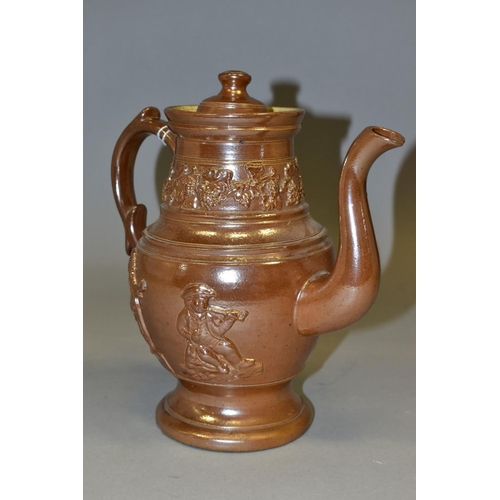 785 - A VICTORIAN SALT GLAZED STONEWARE COFFEE POT AND COVER, having applied decoration of vine and grapes... 