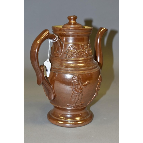 785 - A VICTORIAN SALT GLAZED STONEWARE COFFEE POT AND COVER, having applied decoration of vine and grapes... 