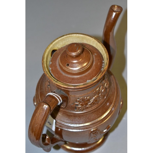 785 - A VICTORIAN SALT GLAZED STONEWARE COFFEE POT AND COVER, having applied decoration of vine and grapes... 