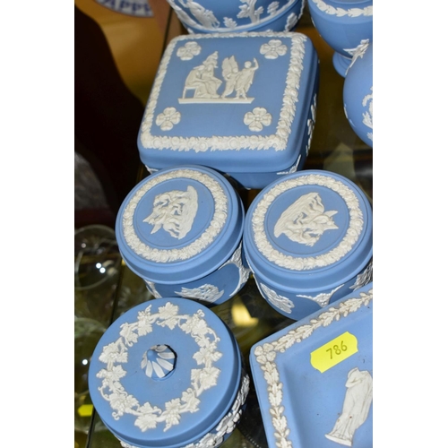 786 - A GROUP OF WEDGWOOD PALE BLUE JASPERWARE, including a small planter (11cm high), a pair of trinket b... 