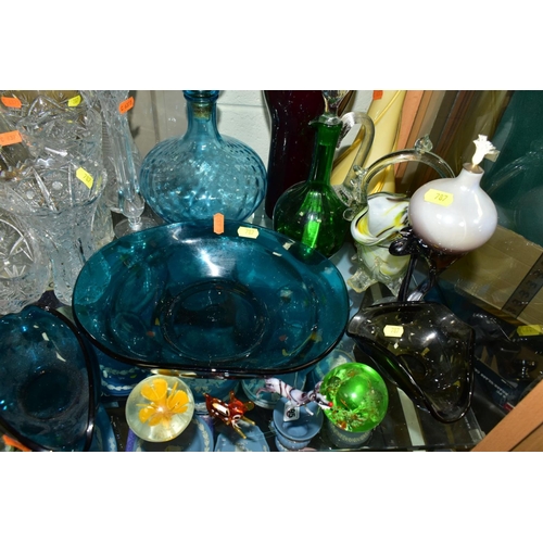 787 - A GROUP OF CLEAR AND COLOURED GLASS WARE, including un-named suites of six cut glass glasses, brandy... 