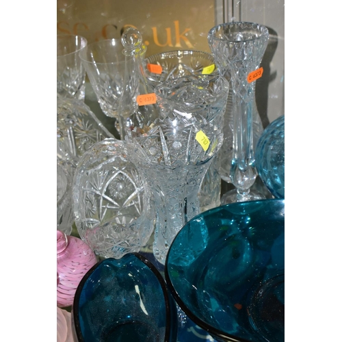 787 - A GROUP OF CLEAR AND COLOURED GLASS WARE, including un-named suites of six cut glass glasses, brandy... 