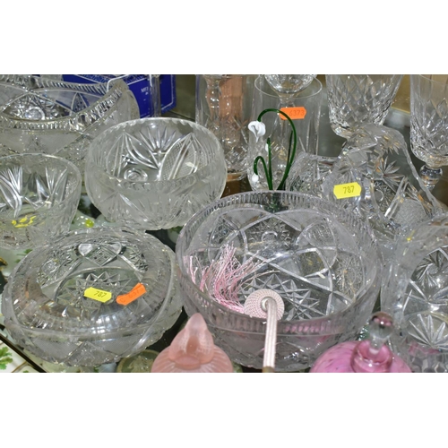 787 - A GROUP OF CLEAR AND COLOURED GLASS WARE, including un-named suites of six cut glass glasses, brandy... 