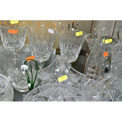 787 - A GROUP OF CLEAR AND COLOURED GLASS WARE, including un-named suites of six cut glass glasses, brandy... 