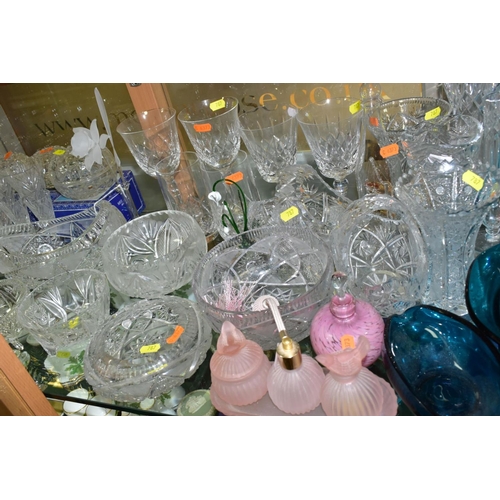 787 - A GROUP OF CLEAR AND COLOURED GLASS WARE, including un-named suites of six cut glass glasses, brandy... 