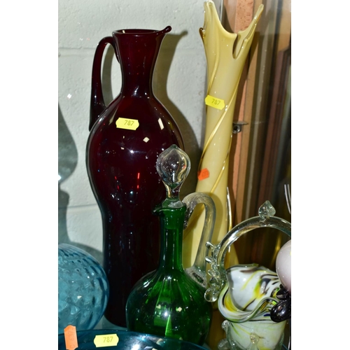 787 - A GROUP OF CLEAR AND COLOURED GLASS WARE, including un-named suites of six cut glass glasses, brandy... 