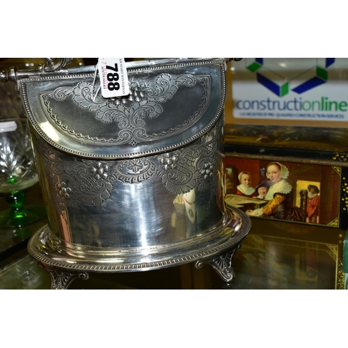 788 - A LATE VICTORIAN JAMES DEAKIN AND SONS EPNS DOUBLE OPENING OVAL BISCUIT BARREL AND A BISCUIT TIN, th... 