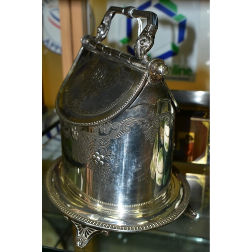 788 - A LATE VICTORIAN JAMES DEAKIN AND SONS EPNS DOUBLE OPENING OVAL BISCUIT BARREL AND A BISCUIT TIN, th... 