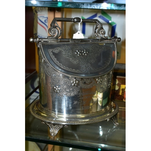 788 - A LATE VICTORIAN JAMES DEAKIN AND SONS EPNS DOUBLE OPENING OVAL BISCUIT BARREL AND A BISCUIT TIN, th... 