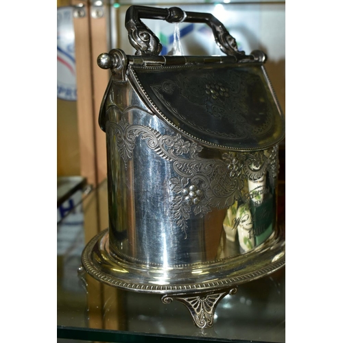 788 - A LATE VICTORIAN JAMES DEAKIN AND SONS EPNS DOUBLE OPENING OVAL BISCUIT BARREL AND A BISCUIT TIN, th... 