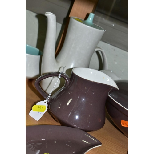 791 - A QUANTITY OF POOLE POTTERY DINNER AND COFFEE WARES comprising a dark brown twin tone Poole Pottery ... 