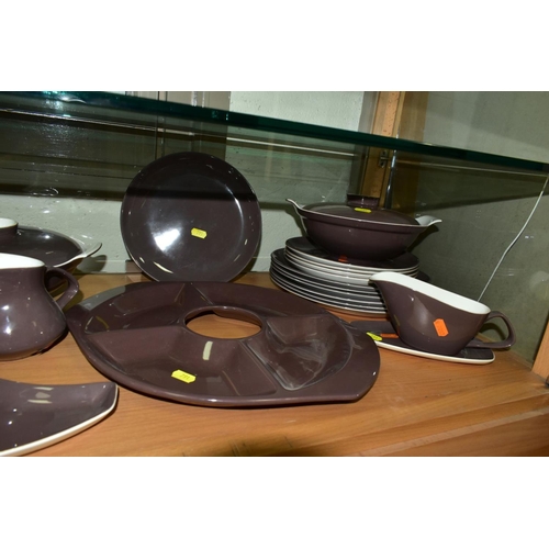 791 - A QUANTITY OF POOLE POTTERY DINNER AND COFFEE WARES comprising a dark brown twin tone Poole Pottery ... 