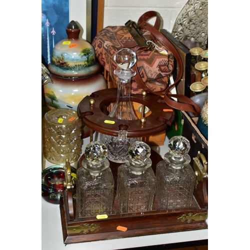 796 - THREE BOXES AND LOOSE GLASSWARE AND MISCELLANEOUS ITEMS, to include a three decanter open top oak ta... 