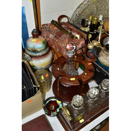 796 - THREE BOXES AND LOOSE GLASSWARE AND MISCELLANEOUS ITEMS, to include a three decanter open top oak ta... 