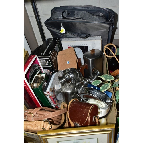 797 - FIVE BOXES AND LOOSE PICTURES AND MISCELLANEOUS ITEMS, to include Old Hall coffee pot, tea pot and h... 