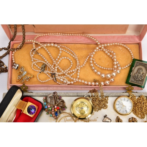 80 - A BAG OF ASSORTED COSTUME JEWELLERY, FOB, WATCHES AND COMMEMORATIVE COINS, to include imitation pear... 