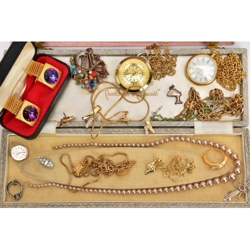 80 - A BAG OF ASSORTED COSTUME JEWELLERY, FOB, WATCHES AND COMMEMORATIVE COINS, to include imitation pear... 