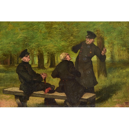 82 - A LATE 19TH/EARLY 20TH CENTURY OIL PAINTING, oil on canvas, three former military men in a woodland ... 