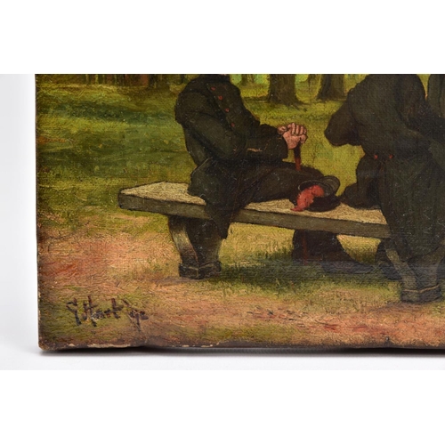 82 - A LATE 19TH/EARLY 20TH CENTURY OIL PAINTING, oil on canvas, three former military men in a woodland ... 