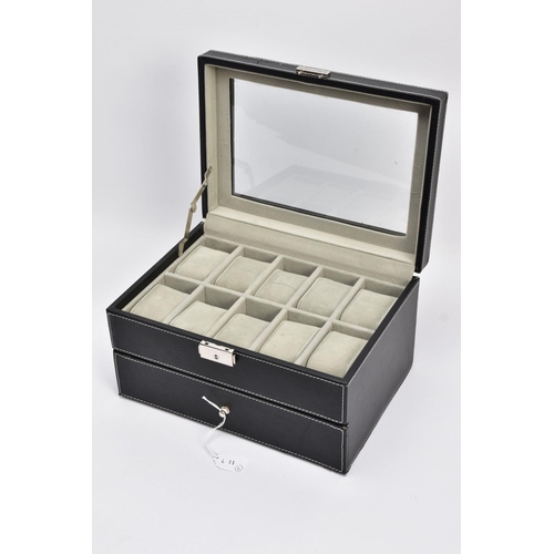 86 - A BLACK FAUX LEATHER WATCH DISPLAY CASE, glass top display and drawer containing twenty individual s... 