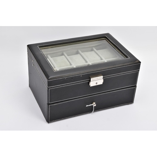 86 - A BLACK FAUX LEATHER WATCH DISPLAY CASE, glass top display and drawer containing twenty individual s... 