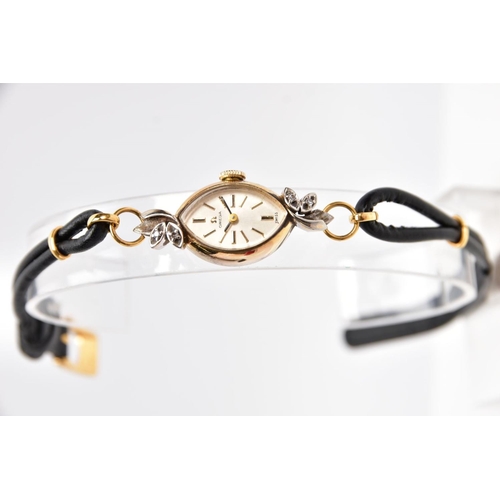 91 - A LADIES OMEGA WRISTWATCH, the marquise shape face with baton hour markers, the outer leaf detail se... 