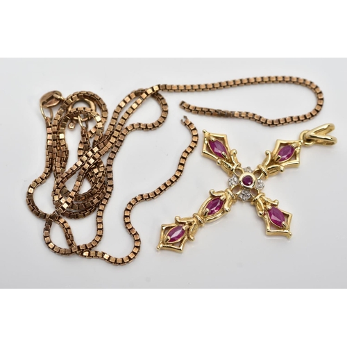 97 - A 9CT GOLD RUBY AND DIAMOND PENDANT AND CHAIN, the cross pendant set with five marquise shape rubies... 