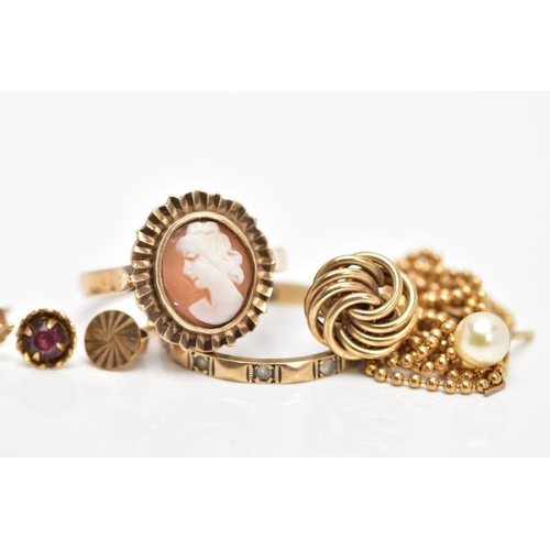 98 - A SELECTION OF JEWELLERY, to include a 9ct gold cameo ring, with 9ct hallmark for Birmingham, five s... 