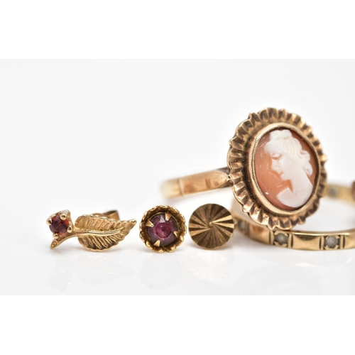 98 - A SELECTION OF JEWELLERY, to include a 9ct gold cameo ring, with 9ct hallmark for Birmingham, five s... 