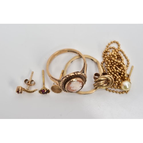 98 - A SELECTION OF JEWELLERY, to include a 9ct gold cameo ring, with 9ct hallmark for Birmingham, five s... 