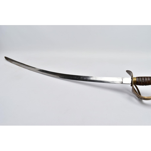 100 - A LARGE CURVED BLADE MILITARY STYLE SWORD with silver coloured metal scabbard, blade length approxim... 