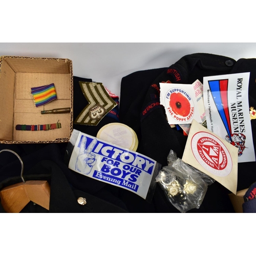 104 - A BOX CONTAINING ITEMS OF A BRITISH RED CROSS INTEREST, two British Red Cross uniform jackets with i... 