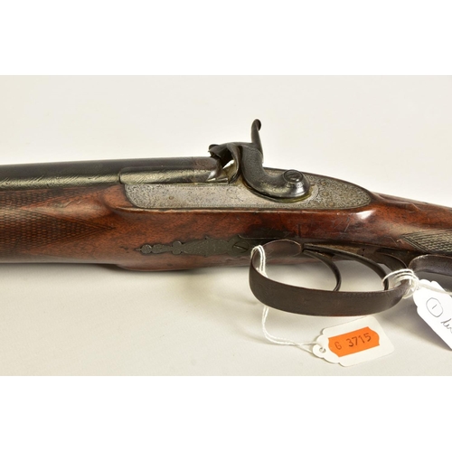 111 - AN ANTIQUE 12 BORE SIDE BY SIDE PERCUSSION SHOTGUN BEARING THE NAME JOSEPH TYE ON THE LOCKS, it is f... 